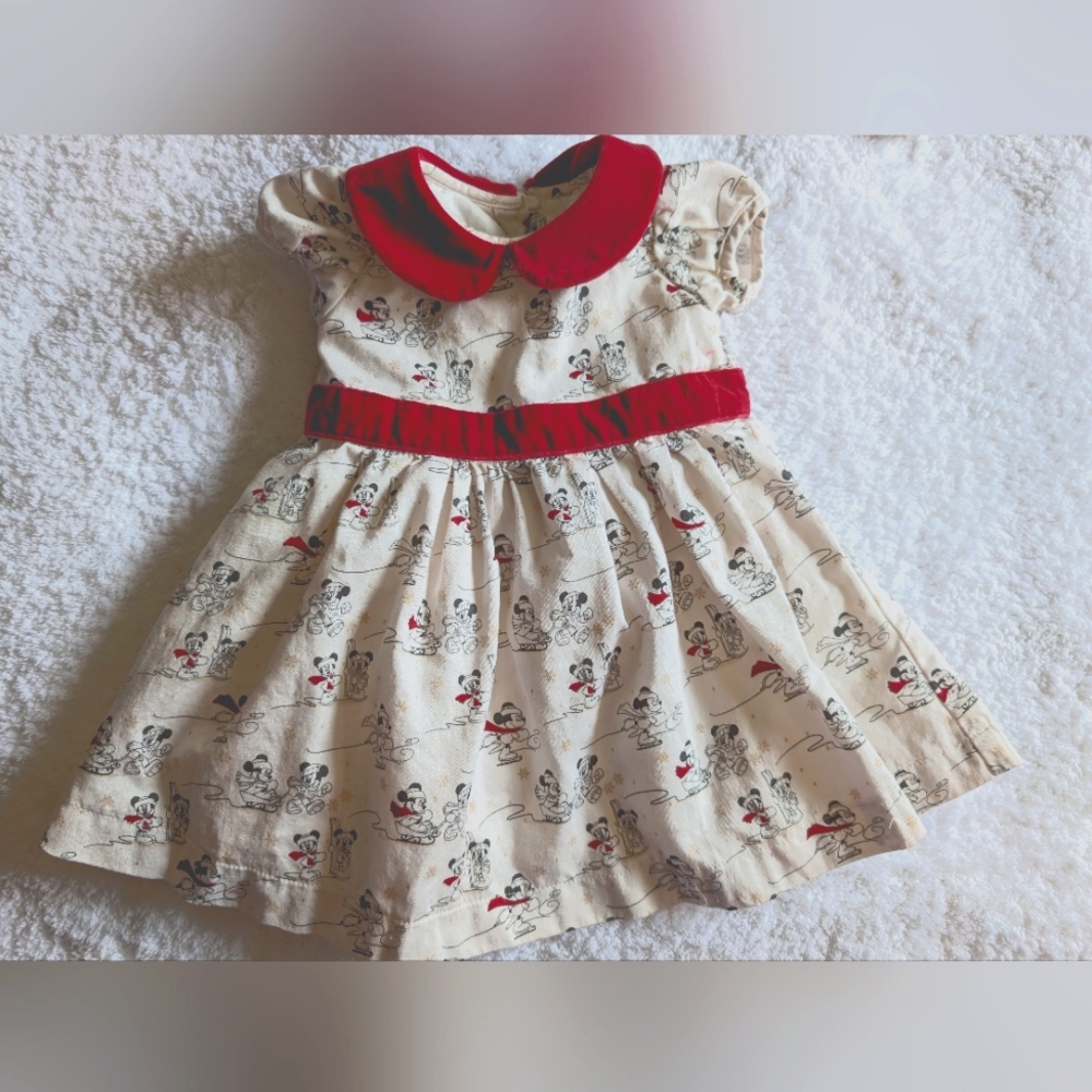 🛷 Disney Store Minnie Mickey Holiday Cream Red Winter Print Baby Dress 3-6